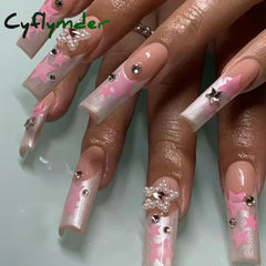 Cyflymder 24Pcs Artifical False Nails with Glue Fake Nail Tips with Heart Designs Detachable Press on Nails Long Finished Nails