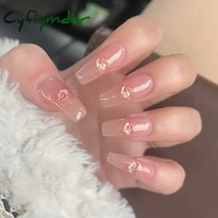 Cyflymder 24Pcs/Box Gradient Color Artifical Press On Nails With Glue Long Coffin Fake Nails Lovely Girls Nail Art Ballerina False Nails