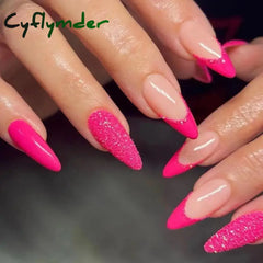 Cyflymder 24Pcs/Box Sweet Pink Marbling Diy Manicure Shinny False Nails French Long Almond Detachable Fake Nials Press On Nail Tips