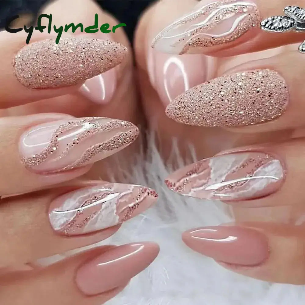 Cyflymder 24Pcs/Box Sweet Pink Marbling Diy Manicure Shinny False Nails French Long Almond Detachable Fake Nials Press On Nail Tips