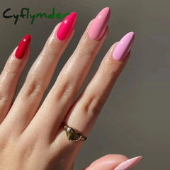Cyflymder 24Pcs/Box Sweet Pink Marbling Diy Manicure Shinny False Nails French Long Almond Detachable Fake Nials Press On Nail Tips