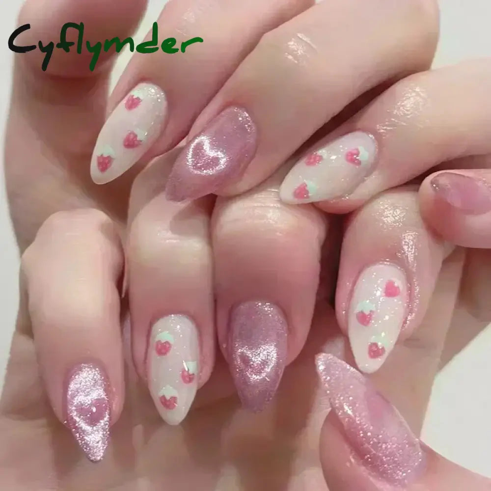 Cyflymder 24pcs Detachable Flower Almond bowknot French False Nails Stars Love Glitter Design Press on Nails Fake Nials DIY Manicure Nails