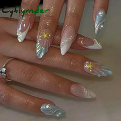 Cyflymder 24pcs Detachable Flower Almond bowknot French False Nails Stars Love Glitter Design Press on Nails Fake Nials DIY Manicure Nails