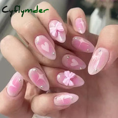 Cyflymder 24pcs Detachable Flower Almond bowknot French False Nails Stars Love Glitter Design Press on Nails Fake Nials DIY Manicure Nails