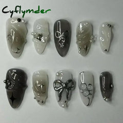 Cyflymder 24pcs Detachable Flower Almond bowknot French False Nails Stars Love Glitter Design Press on Nails Fake Nials DIY Manicure Nails