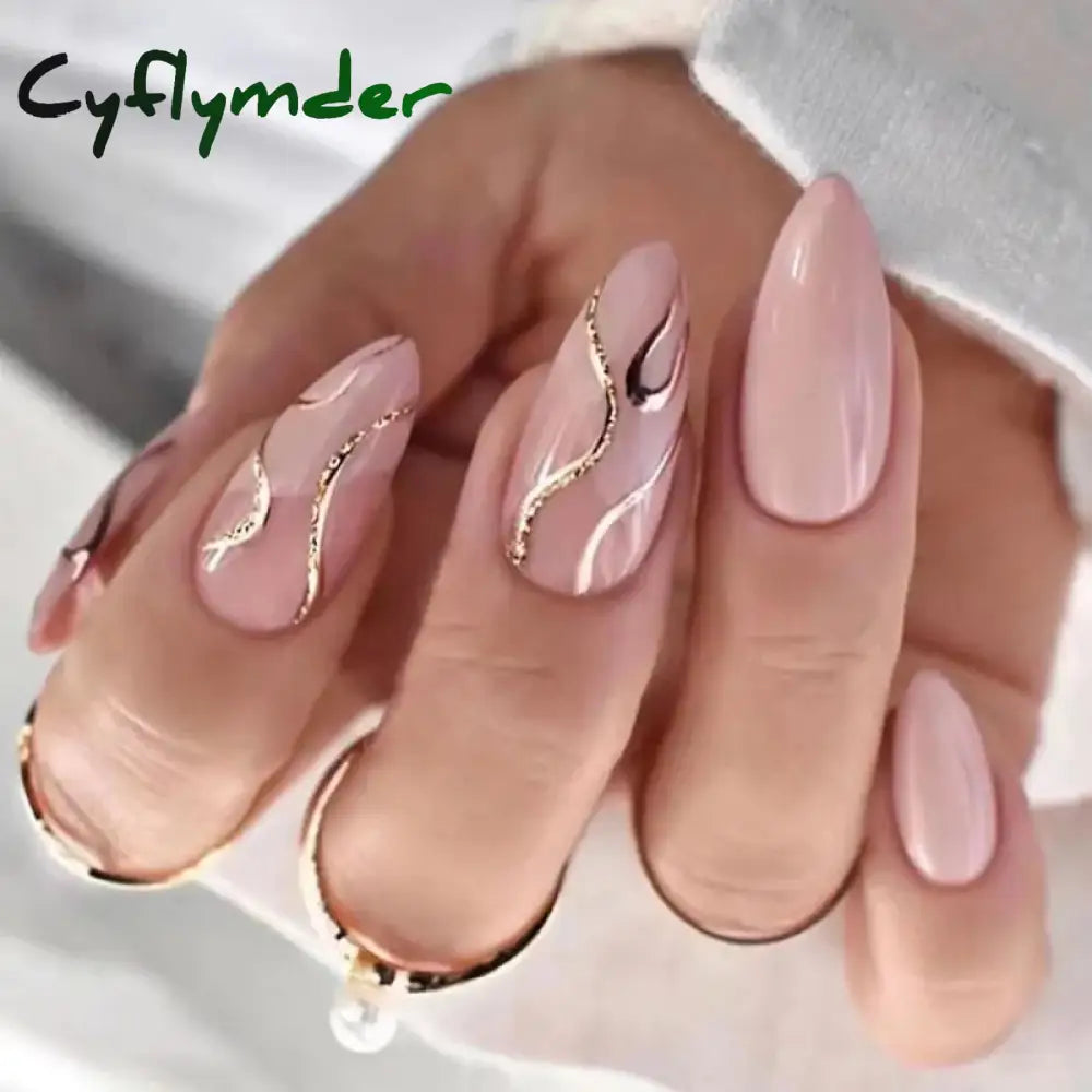 Cyflymder 24pcs Long Stiletto False Nails wave Peals decorated Wearable French Fake Nails Press On Nails Leopard print Almond Manicure Tip