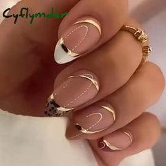 Cyflymder 24pcs Long Stiletto False Nails wave Peals decorated Wearable French Fake Nails Press On Nails Leopard print Almond Manicure Tip
