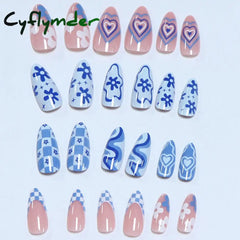 Cyflymder 24pcs Press on Nails  Long Almond Blue Line Love Flower Lattice Print Fake Nail French Tip Press on Nails Cute Nail