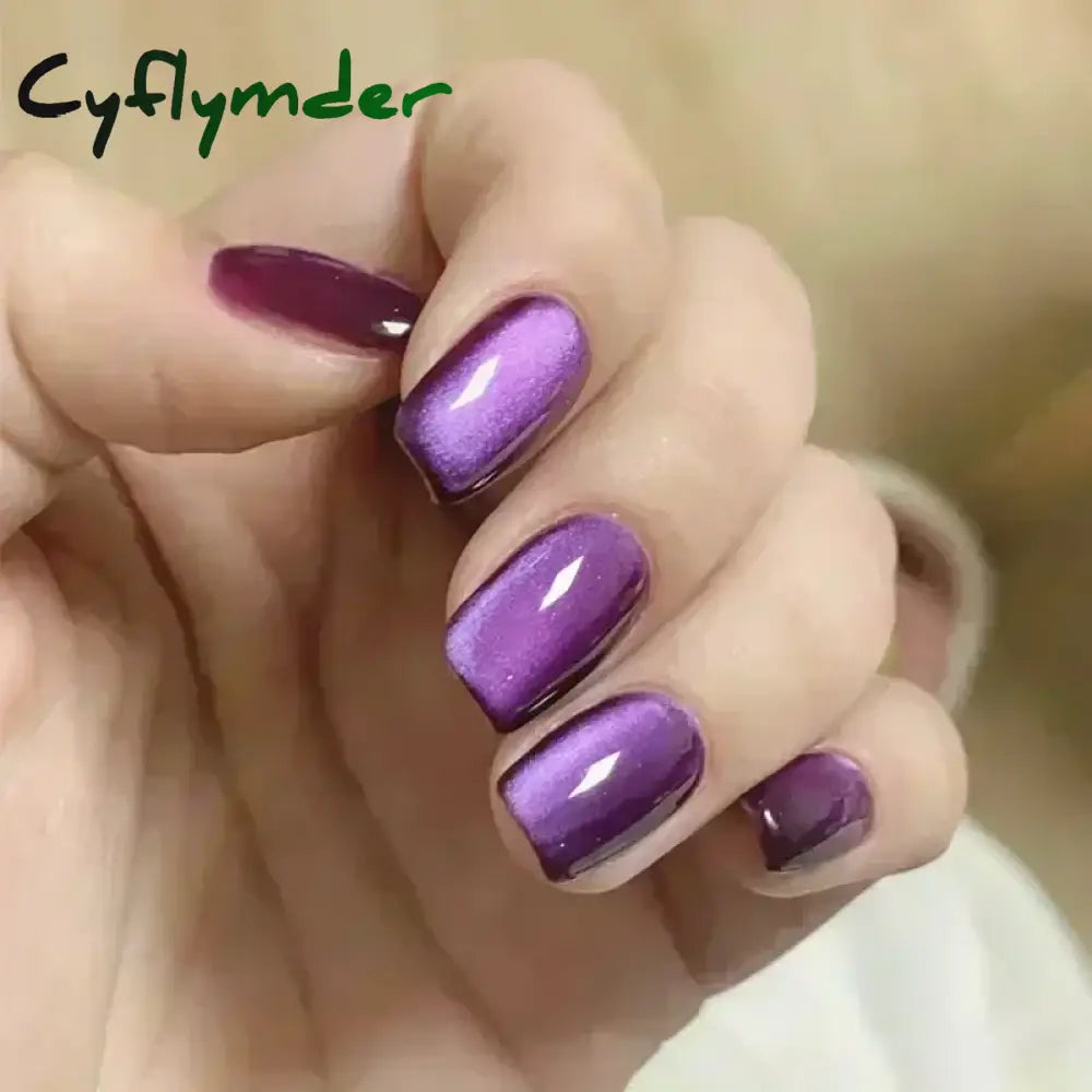 Cyflymder 24Pcs Short False Nails Aurora Cat Eye with French Design Simple Metallic Full Cover Wearable Chrome Press on Fake Nails Tips