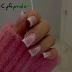 Cyflymder 24Pcs Short False Nails Aurora Cat Eye with French Design Simple Metallic Full Cover Wearable Chrome Press on Fake Nails Tips