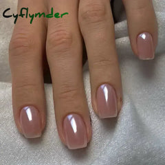 Cyflymder 24Pcs Short False Nails Aurora Cat Eye with French Design Simple Metallic Full Cover Wearable Chrome Press on Fake Nails Tips