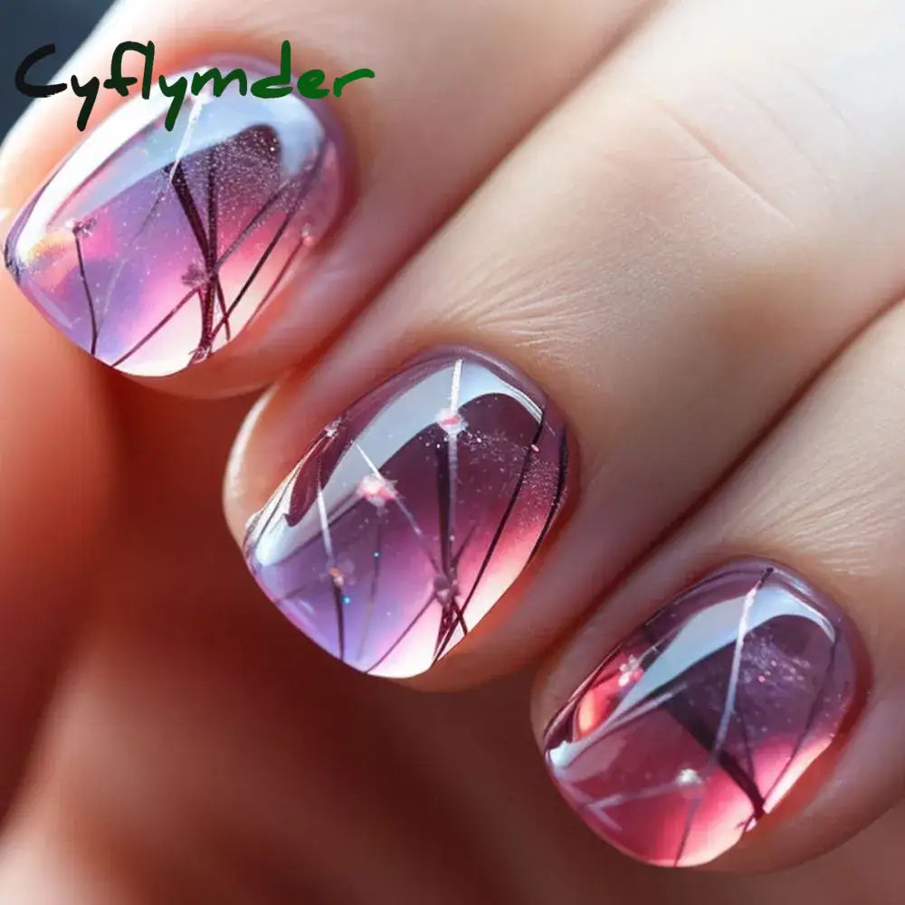 Cyflymder 24pcs Short Round False Nails French Blue Sparkling Pearl White Wavy Love Heart Full Cover Detachable Press On Nail Tips