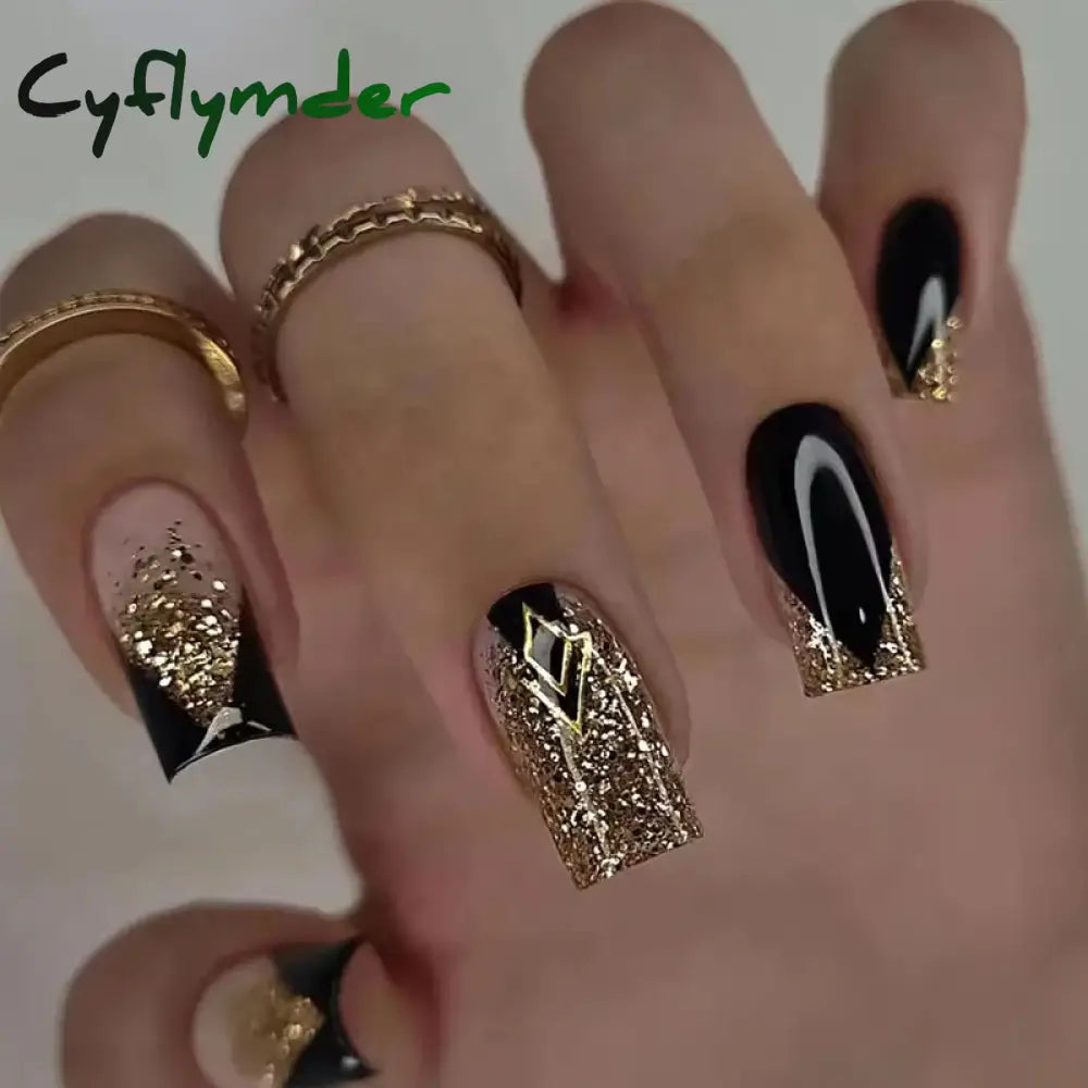 Cyflymder 24Pcs Short Square False Nails with Jelly Adhesive Glitter Gradient Design Detachable Fake Fingernails Full Cover Press on Nails