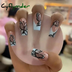 Cyflymder 24Pcs Simple False Nails Gold Edge Butterfly with French Design Wearable Fake Nails Coffin Full Cover Press on Nail Tips Art