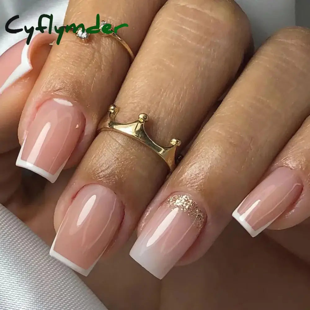 Cyflymder 24Pcs Simple False Nails Gold Edge Butterfly with French Design Wearable Fake Nails Coffin Full Cover Press on Nail Tips Art