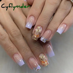 Cyflymder 24Pcs Simple False Nails Gold Edge Butterfly with French Design Wearable Fake Nails Coffin Full Cover Press on Nail Tips Art