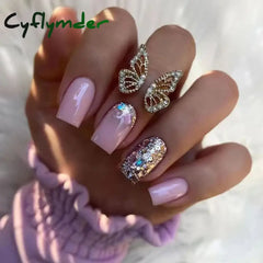 Cyflymder 24Pcs Simple French Fake Nails Wearable Artifical False Nails with Glue Long Coffin Press on Nails Gold Powder Design Nail Tips