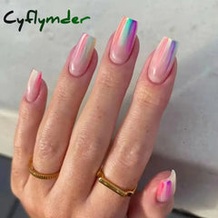 Cyflymder 24Pcs Simple French Fake Nails Wearable Artifical False Nails with Glue Long Coffin Press on Nails Gold Powder Design Nail Tips