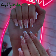Cyflymder 24Pcs Simple French Fake Nails Wearable Artifical False Nails with Glue Long Coffin Press on Nails Gold Powder Design Nail Tips