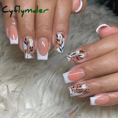 Cyflymder 24pcs Summer False nails with designs Charms Flame Long Ballerina Fake Nails Wearable Coffin french Nails Tips Press On Nails