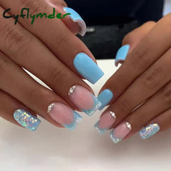 Cyflymder 24pcs Summer False nails with designs Charms Flame Long Ballerina Fake Nails Wearable Coffin french Nails Tips Press On Nails
