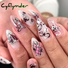 Cyflymder 24pcs Sweet False Nail Patches Detachable Fake Nail Tips With Bowknots Love Heart Pearl Design Pink Almond Korean Press On Nail