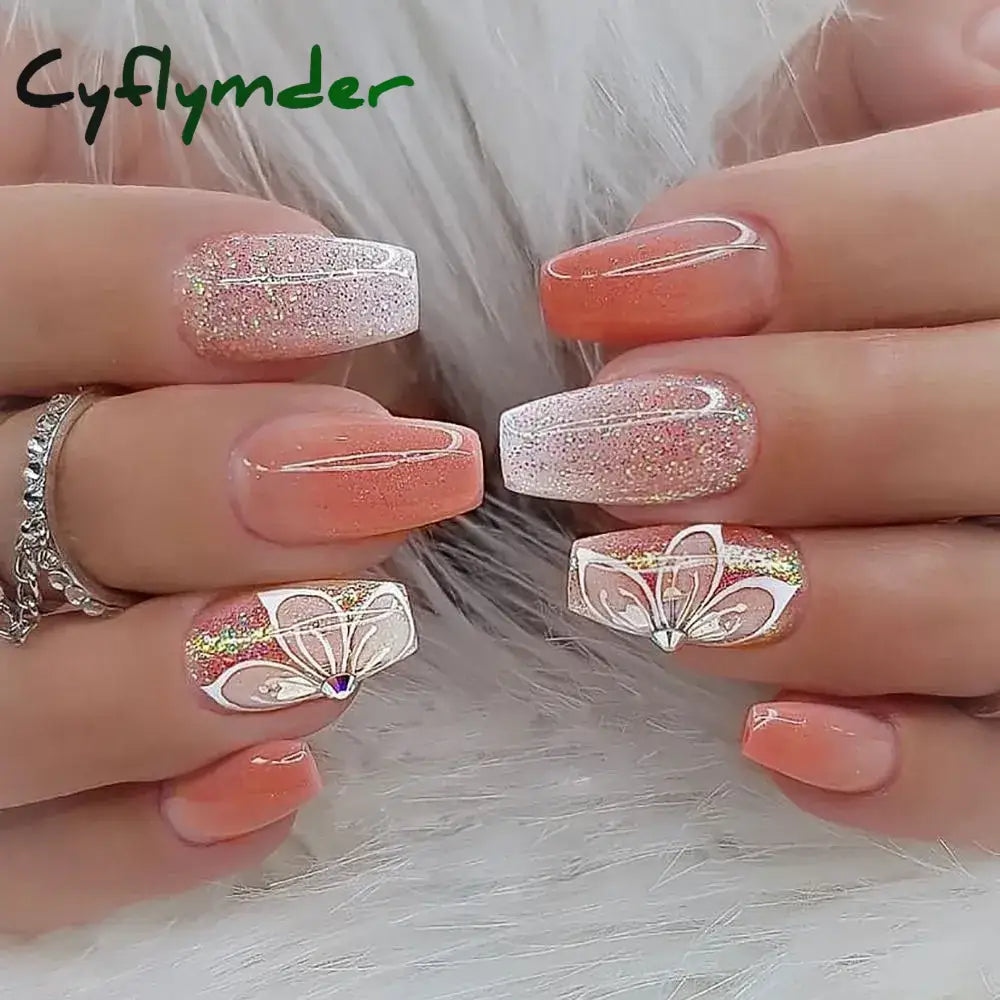 Cyflymder French Sweet Style Rhinestone Fake Nails Medium Length False Nail Women Fashion Acrylic Nails Tips Full Cover Press on Nails
