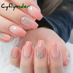 Cyflymder French Sweet Style Rhinestone Fake Nails Medium Length False Nail Women Fashion Acrylic Nails Tips Full Cover Press on Nails