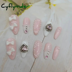 Cyflymder Handmade Custom Made False Nail Art With Pearls And Nows Wearable Nail Pink Almond Style Section Patch Removable Girl Fake Nail