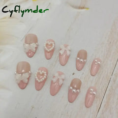 Cyflymder Handmade Custom Made False Nail Art With Pearls And Nows Wearable Nail Pink Almond Style Section Patch Removable Girl Fake Nail