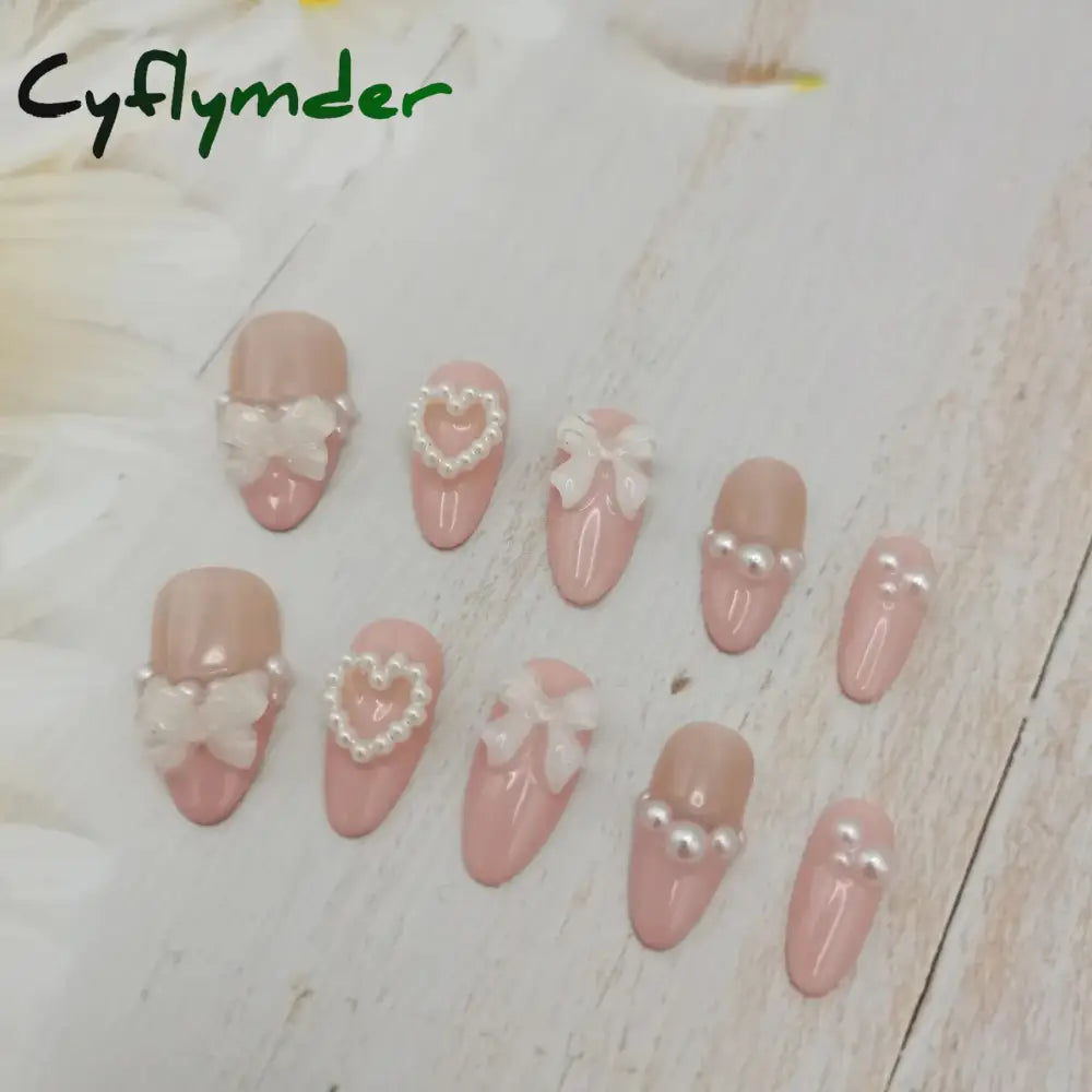 Cyflymder Handmade Custom Made False Nail Art With Pearls And Nows Wearable Nail Pink Almond Style Section Patch Removable Girl Fake Nail